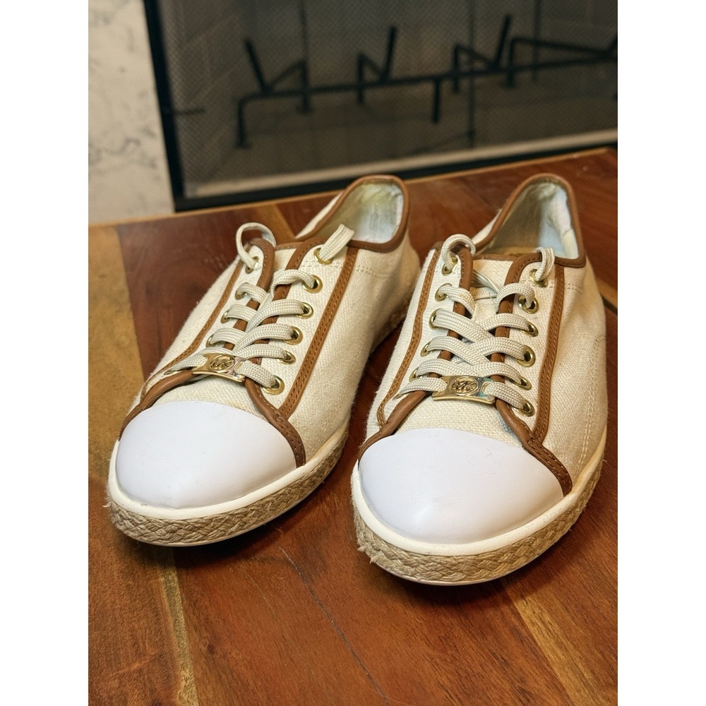 MICHAEL KORS Beige Canvas Brown Leather Trim Espadrille Sz 10M Sneakers